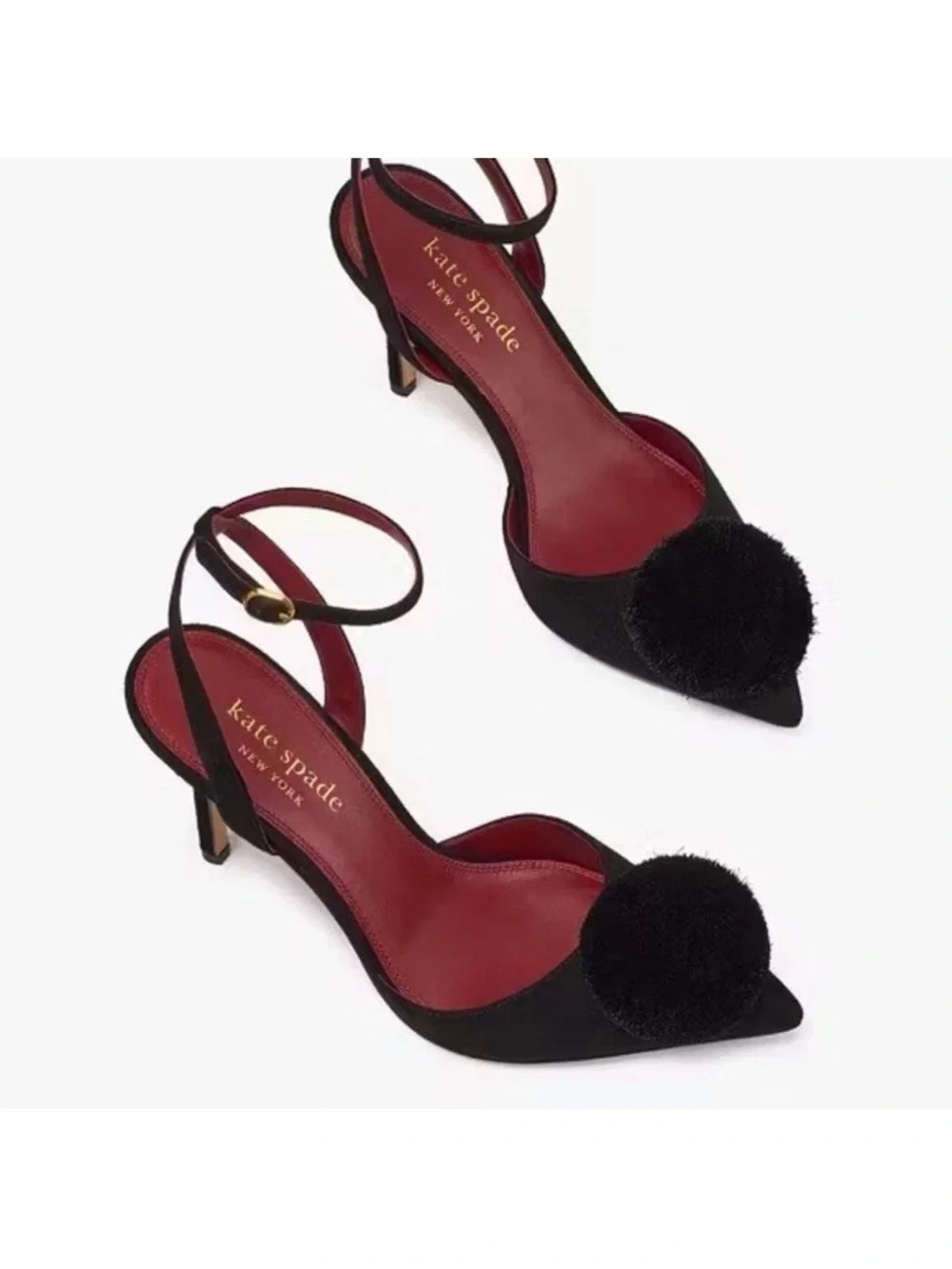 Kate Spade Womens 7B Leather Amour Pom Black High Heels w Box